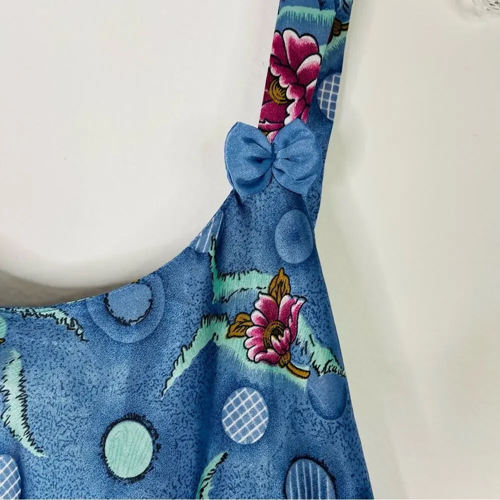 Vintage blue green purple floral satin bow slip dress chemise XL - Picture 4 of 7